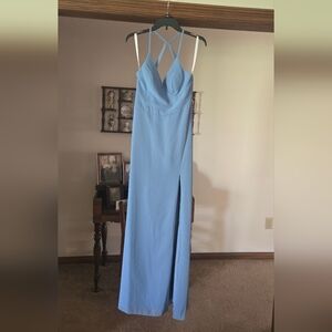 Azazie Light Blue Strappy Maxi Dress with Thigh Slit